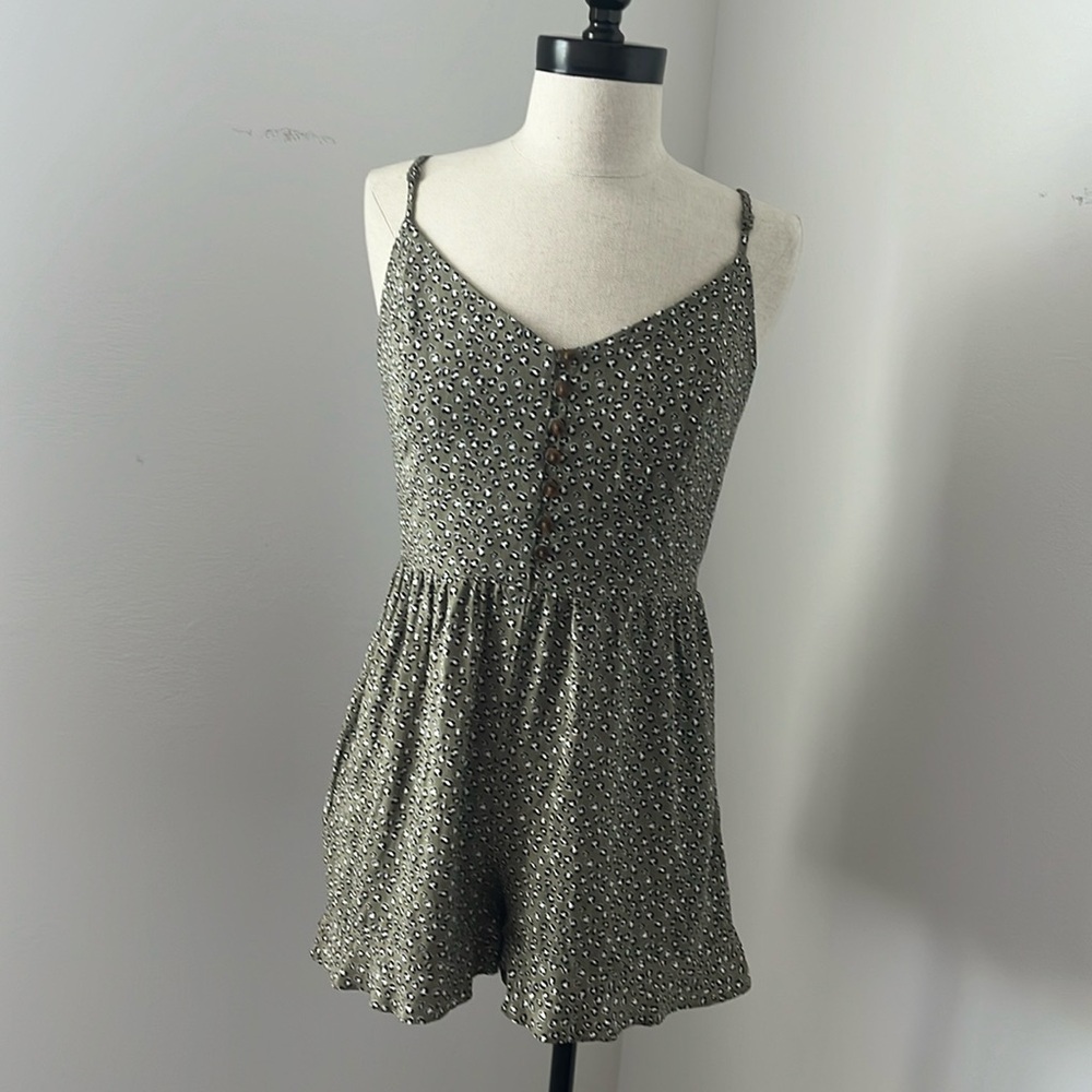 Exhilaration Green leopard print with buttons on Chest Romper